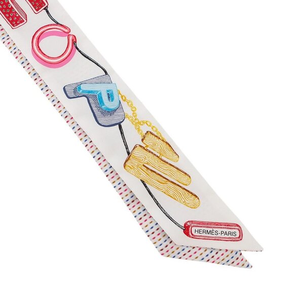 HERMES Twilly Chevaloscope Pointier Silk100% White/Rose/Vert - Picture 4 of 9